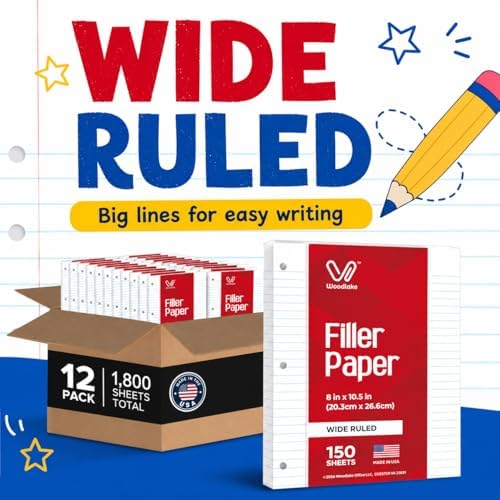 Woodlake Loose Leaf Paper Bulk, Wide Ruled Notebook Paper, 8 x 10.5 Inch Filler Paper, 3-Hole Punched Lined Binder Paper, 60 GSM, 150 Sheets/Pack, 1,800 Sheets Total, Made in USA for School & Office