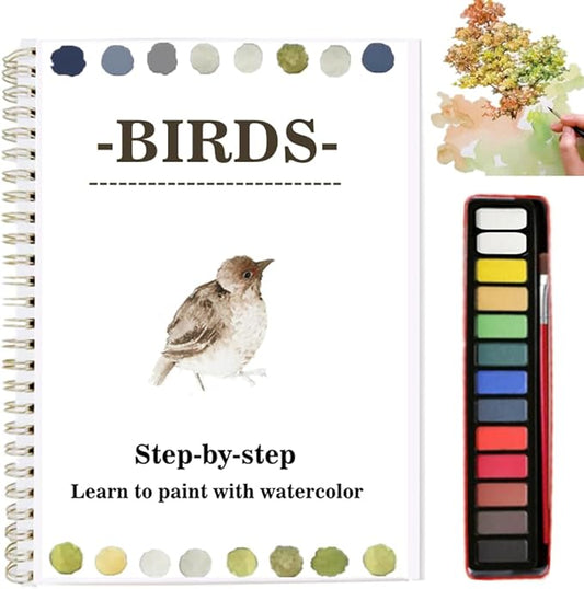 Watercolor Workbooks Coloring Book Easy Nature Scenes Beginner Friendly Watercolor Paint Set Art Crafts Painting Kit for Creative Exploration Gift for Adults (Birds, with Palette)