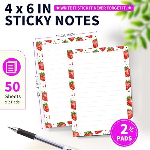 Lined Sticky Notes 4x6 in, 2 Pack Large Cute Notepads with Lines Self-Stick Note Pad, Funny Memo Pads Strong Adhesive for Office, Home Cute Red Strawberry