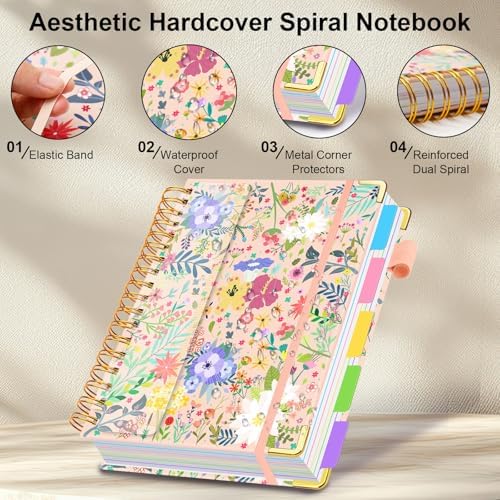 Spiral Journal Notebooks for Work, 300 Pages 5 Subject Notebook College Ruled with Dividers & Tabs, A5 Notebook Journal for Women Students Note-Taking and Organizer (Beige Bloom)