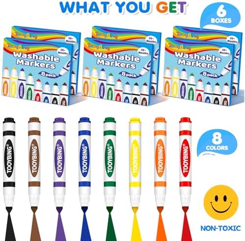 Washable Markers Bulk (48 Count, 6 Box), Broad Line Markers for Kids with Conical Tip, Assorted Colors, Drawing Essentials for School Classroom, Student Must Have for Coloring Book, Art Craft Supplies