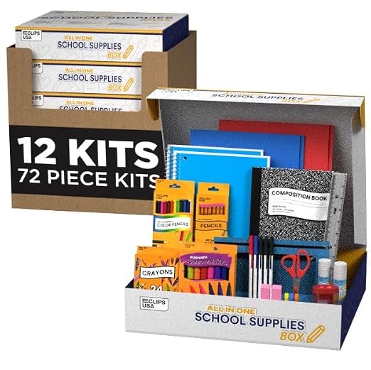 72 Piece Back to School Supplies Kit 12 Pack Bulk K-5 Kids School Supply Kit