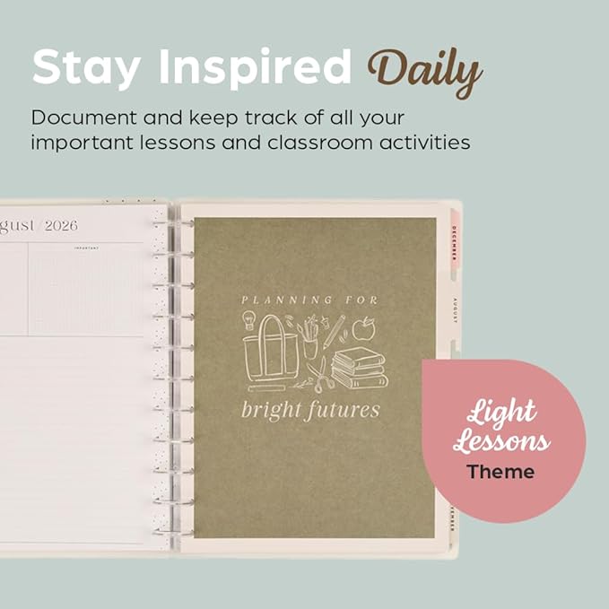 Happy Planner Disc-Bound 12-Month July 2026–June 2027 Academic Planner with 3 Extra Months, Big Size, 8.5" x 11", Teacher Layout, Light Lessons