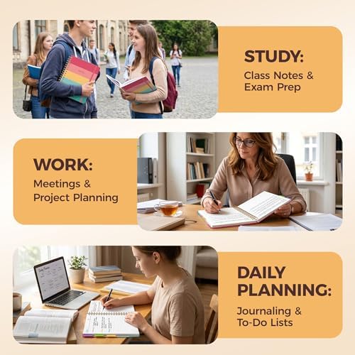 Hardcover Spiral Notebook Journal for Women & Men, Cute 5 Subject Notebook College Ruled for School & Work, Journaling Notebooks with Removable Dividers Tabs, 8" x 10", 300 Pages, Happy Stripes