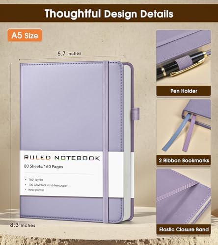 Lined Journal Notebook, A5 Hardcover Leather Journals for Writing, 160 Numbered Pages, 5.7'' x 8.3'' Journaling Notebooks for Men Women, Thick Paper College Ruled Journal for Work Office School, Purple