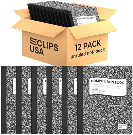 E-CLIPS USA Composition Notebooks, Unruled Composition Notebook, Hard Cover Marble Composition Notebook, 100 sheets, 9.75″ x 7.25″ (12)