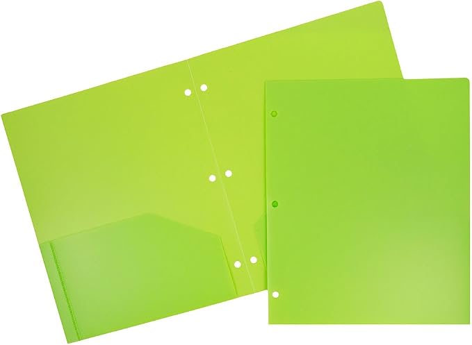 JAM PAPER Heavy Duty Plastic 3 Hole Punch Pocket Folders - Extra Tough School Folders - Lime Green - 6/Pack