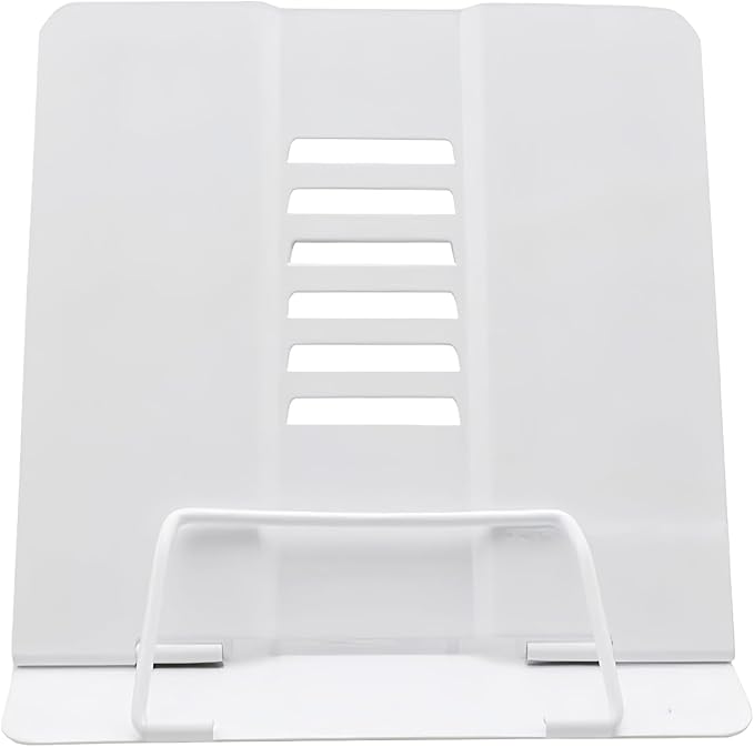 Azheeujy Metal Book Stand Folding Reading Book Holder with 6 Adjustable Angles and Paper Page Clip,Sturdy Desktop Book Holder for Cookbook,Magazine,Textbooks,Document,Music Book,Laptop,Tablet (White)