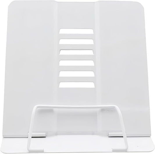 Azheeujy Metal Book Stand Folding Reading Book Holder with 6 Adjustable Angles and Paper Page Clip,Sturdy Desktop Book Holder for Cookbook,Magazine,Textbooks,Document,Music Book,Laptop,Tablet (White)