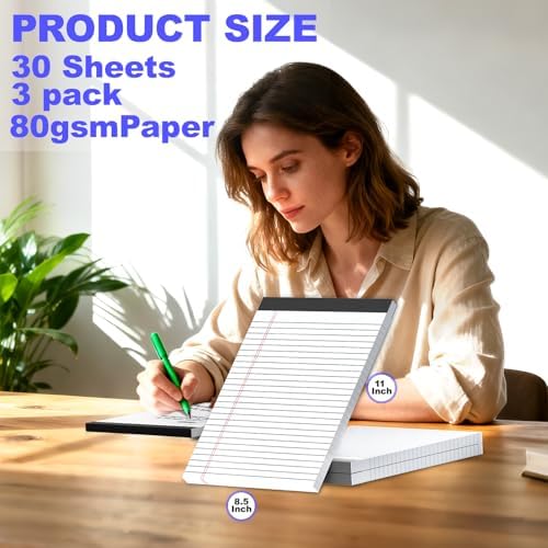 3 Pack White Legal Pads 8.5 x 11 Inch, Wide Ruled Notepads Lined Memo Note Pads, 8.5x11 Inch Micro Perforated Writing Pads 30 Sheets Per Pad for Work Study Daily Note Taking List