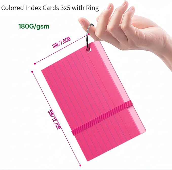 YIZUUN Colored Index Cards 3x5 with Ring, 200 Pack, 180gsm Heavy Ruled Flash Cards with Ring, Flash Cards for Studying, Heavy Note Cards for Office, College, Home Organization and School, 4 Color