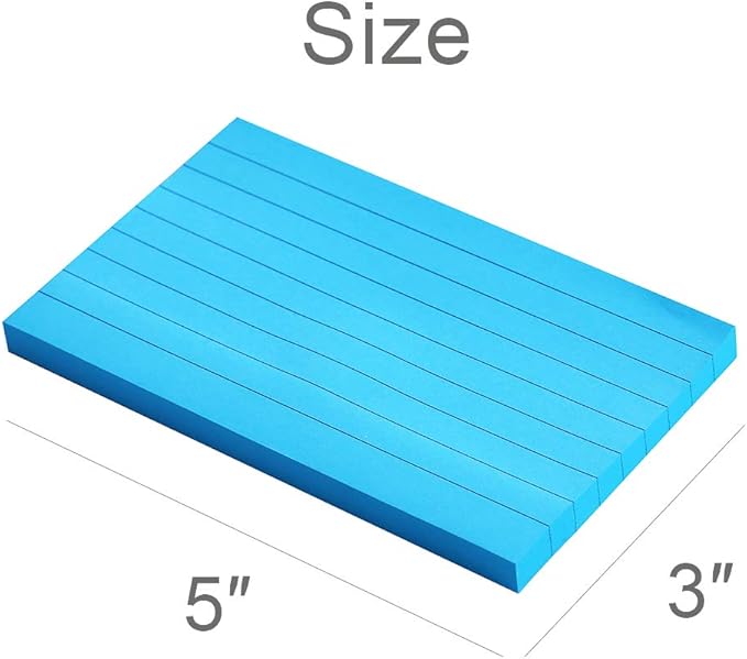 Lined Sticky Notes 3X5 in Bright Ruled Stickies Colorful Super Sticking Power Memo Pads Strong Adhesive, 6 Pads/Pack, 75 Sheets/pad