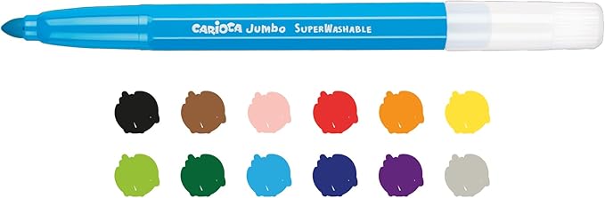 CARIOCA Jumbo Washable Markers for Kids – 12 Assorted Colors, 6 mm Maxi Felt Tip Pens with Wide Barrel, Non-Toxic, Easy to Hold, Art & School Supplies, Made in Italy