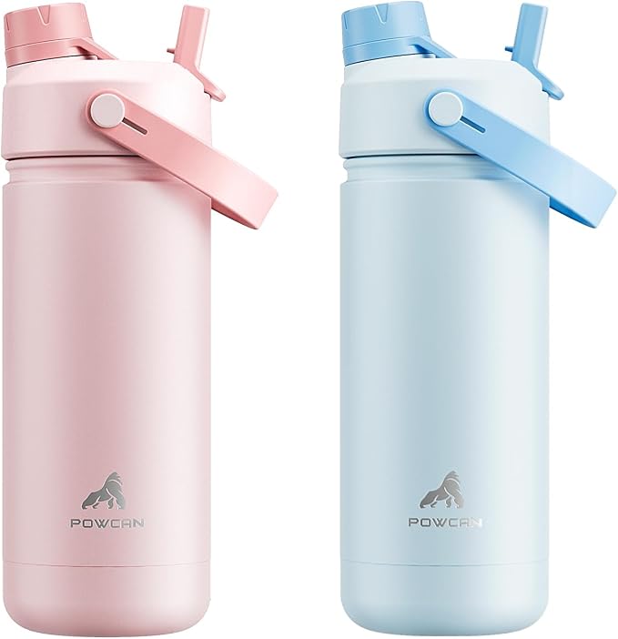POWCAN 2 Pack 18 oz Insulated Water Bottle for School: Leakproof, 2-in-1 Straw Spout Lid, BPA-Free, Keep Cold 24 Hrs, Stainless Steel Cup for Girls Boys Kids (Cotton Candy & Sea Breeze)