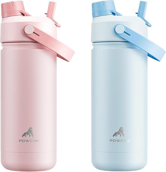 POWCAN 2 Pack 18 oz Insulated Water Bottle for School: Leakproof, 2-in-1 Straw Spout Lid, BPA-Free, Keep Cold 24 Hrs, Stainless Steel Cup for Girls Boys Kids (Cotton Candy & Sea Breeze)