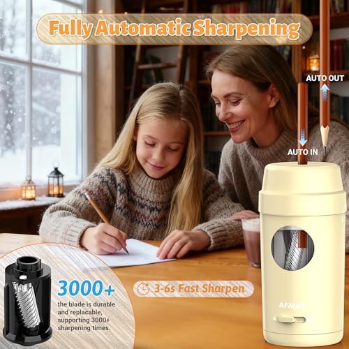 AFMAT Electric Pencil Sharpener, Auto in & Out, Fully Automatic Pencil Sharpener for Colored Pencils, Rechargeable Hands-Free Sharpeners for φ7-8mm Pencils, Good for Classroom/Home PSX8(Off White)