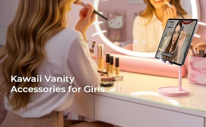 LISEN Pink Vanity Girls Room Decor Kitchen Accessories, Cute Pink Cell Phone Stand Bathroom Living Room Essentials Decor Offices Desk Accessories for iPad mini Phone Holder 4-10 in