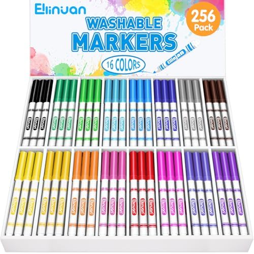 Ellinjan 256 Count Washable Markers Bulk, 16 Assorted Colors, Colored Thin Marker with Conical Tip, Washable Markers for Kids, Bulk Marker for Classroom, School Art Supplies for Students Teachers
