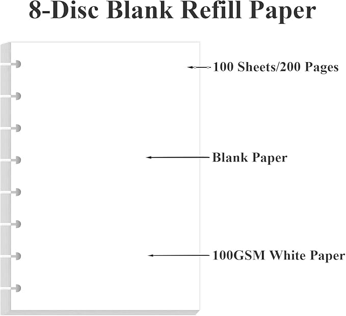 Junior Size Blank Refill Paper, A5 8-Disc Discbound Blank Filler Paper, 100Sheets / 200Pages Blank Paper, 100gsm White Paper, 5.8 x 8.3 in