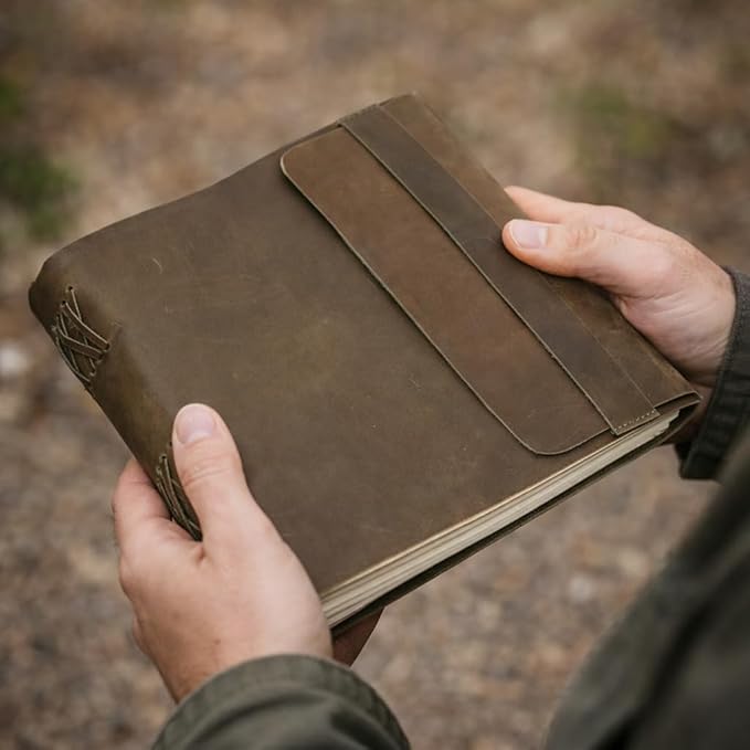 Leather Journal Daily Travel Diary, Handmade Vintage Bound Rustic Notebook, Genuine Buffalo Leather-Premium Quality Lined/Unlined, Brown/Cream,Deckled Edged Paper/Antique key, Art Sketchbook, Brown (7x10 Inches - Cream Unlined Green)