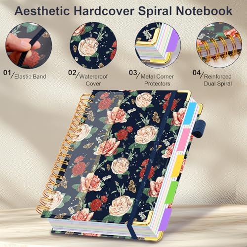 Spiral Journal Notebooks for Work, 300 Pages 5 Subject Notebook College Ruled with Dividers & Tabs, A5 Notebook Journal for Women Students Note-Taking and Organizer (Velvet Bloom)