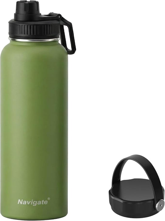 Navigate 40 oz Insulated Stainless Steel Sports Water Bottle with Spout & Handle Lids,Wide Mouth Water Jug with Double Walled Leak Proof Keep Cold for 24 Hrs Hot for 12 Hrs,Dark Green