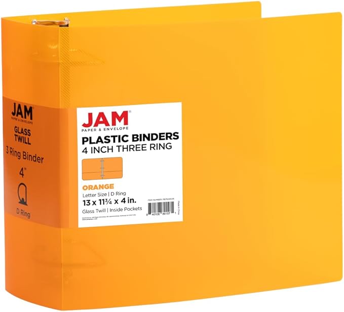 JAM PAPER Plastic 4 inch Binder - Orange 3 Ring Binder - Sold Individually