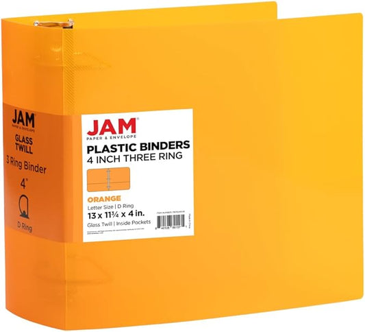 JAM PAPER Plastic 4 inch Binder - Orange 3 Ring Binder - Sold Individually