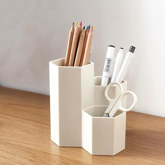 Pen Holder for Desk, White Pens Cup with 3 Compartment Small Desk Organizer Cute Pencil Holder for Office,School and Home (White, Triangular)