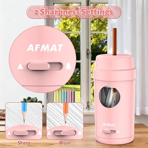 AFMAT Electric Pencil Sharpener, Auto in & Out, Fully Automatic Pencil Sharpener for Colored Pencils, Rechargeable Hands-Free Sharpeners for φ7-8mm Pencils, Good for Classroom/Home PSX8(Light Pink)