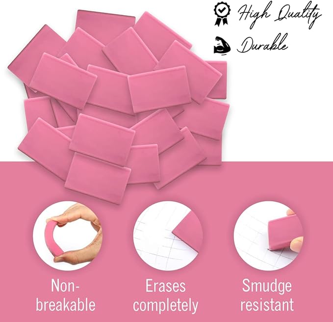 Pink Erasers, 40 Count, Latex Free Eraser for Kids, Square Eraser, Erasers Bulk for School Supplies, Art, and Office Use