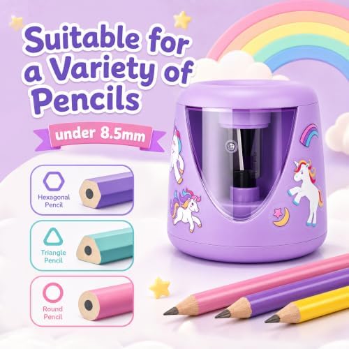 homicozy Electric Pencil Sharpeners for Kids, Cute Small Pencil Sharpener for Home Classroom, Battery Pencil Sharpener Electric Plug in, with Erasers DIY Stickers Note Pad (Purple Battery)