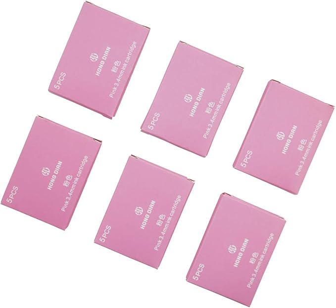 Asvine Hongdian Fountain Pen Pink Ink Cartridges, Set of 30 Refill Ink Cartridges, 3.4 mm Bore Diameter