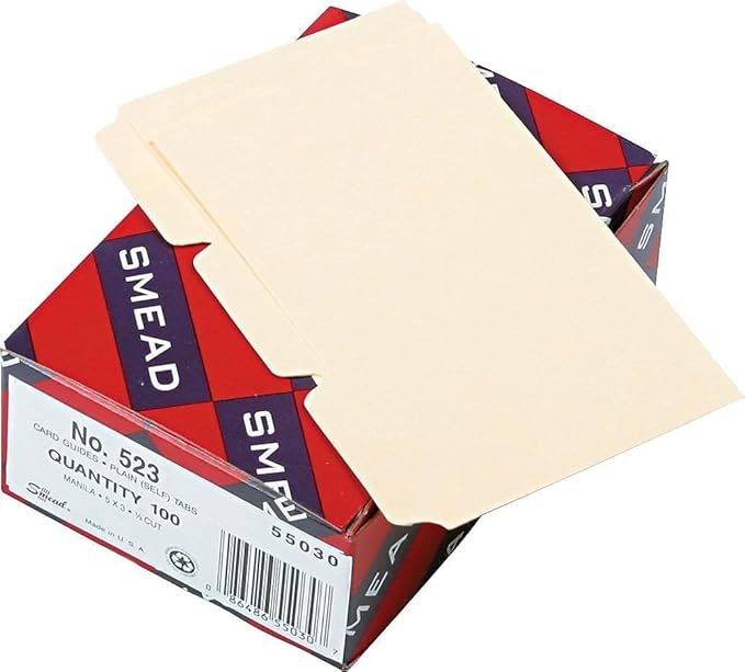 Smead Card Guide, Plain 1/3-Cut Tab (Blank), 3" H x 5" W, Manila, 100 per Box (55030)