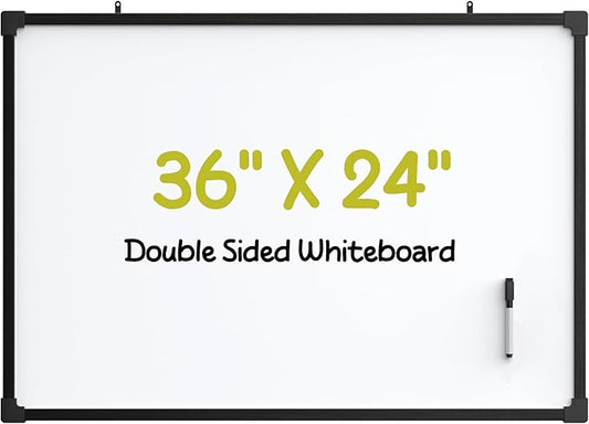 MaxGear Magnetic Dry Erase White Board, 36 X 24 Inches Double Sided Whiteboard, Black Aluminum Frame White Board for Wall, Hanging Planner Board with Dry Erase Marker for School Office Home