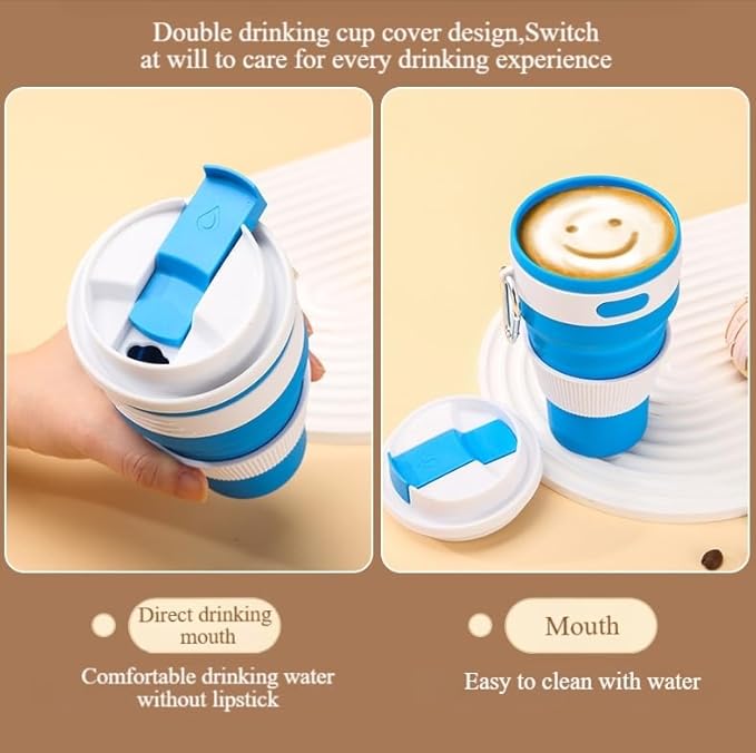 Foldable silicone coffee cup, 16 oz portable eco-friendly water cup with double lids, storage with hanging ring to save space, suitable for outdoor hiking, camping, cycling, car use (Green 420ML)