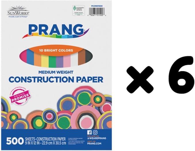 Prang SunWorks Construction Paper, 10 Assorted Colors, 9" x 12", 500 Sheets/Pack, Case of 6 Packs, 3000 Sheets Total