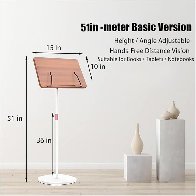 Adjustable Standing Book Stand,Book Reading Stands,Wood Music Sheet，Podium& Bible& Cookbooks Display Stands.Goodbye to Head Down Fatigue Adjustable Viewing Angle (White, 51in)