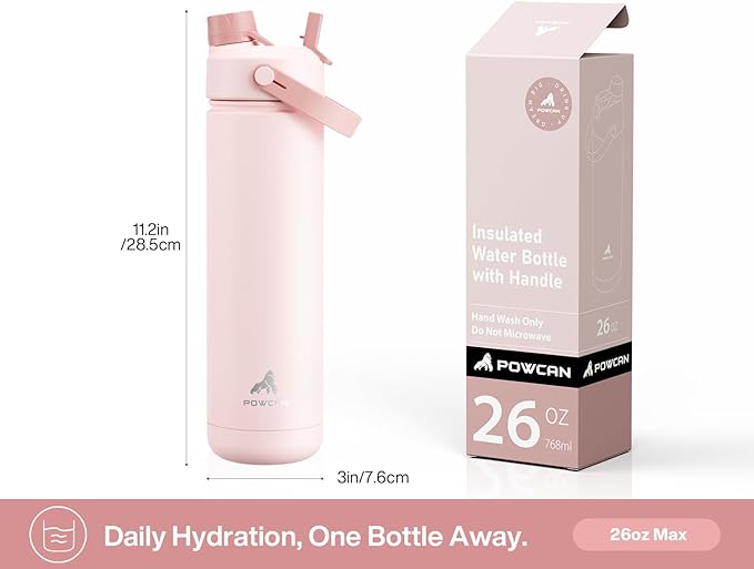 POWCAN 26 oz Insulated Water Bottle with 2-in-1 Straw and Spout Lid, Keep Cold 24H, Leak-Proof, Fits in Car Cup Holder, Stainless Steel Water Bottle for Gift, Holiday, Trip, School (Aflutter in Bloom)