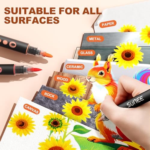 SUNEE 48 Colors Acrylic Paint Markers, Dual Tip Bullet & Brush Paint Pens with Automatic Ink Control System, Art Supplies for Adults & Teens, for Rock, Wood, Canvas, Glass Creative Projects