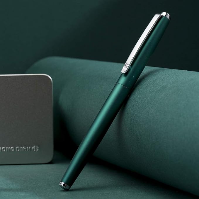 HongDian 525 Green Metal Fountain Pen, Extra Fine Nib Classic Pen, Includes Metal Pen Case and Refillable Converter