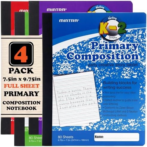 Mintra Primary Composition Notebook, 4 Pack, Assorted Colors 80 Sheets, 7.5in x 9.75in, Full Sheet, Ruled with Drawing Area, Flexible Hardcover Journal, Grade K-2, School & Home Use