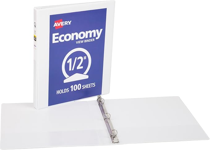Avery Standard View 3 Ring Binders, 0.5" Round Rings, 100-Sheet Capacity, 0.7 Inch Wide Spine, White Binders, Ideal for Lightweight Organization and Occasional Referencing (12-Pack of 05706)