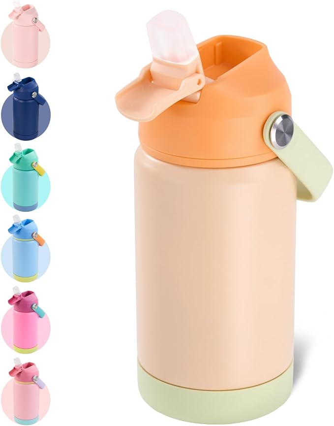 Kerilyn 12oz Kids Water Bottle, Stainless Steel Insulated Water Bottle for Kids, Toddler Cup with Straws Leak-Proof, Toddler Water Bottles for School Boys Girls, BPA Free, Cantaloupe