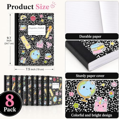 8 Pack Black Marble Composition Notebooks College Ruled 9-3/4 x 7-1/2''