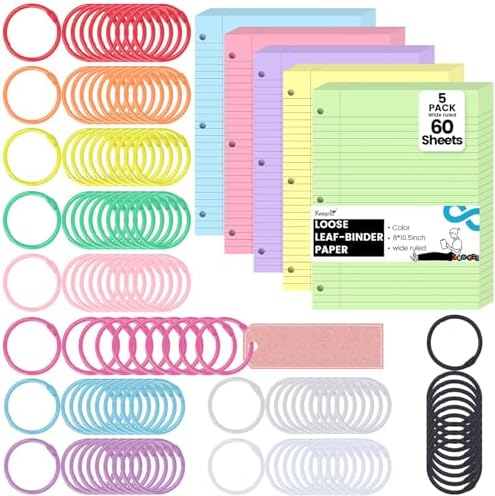 366PCS School & Office Bundle, 300 Sheets Colored Wide Ruled Loose Leaf Paper & 66 Metallic Binder Rings, 5 Colors for Note Organization, School Supplies, and DIY Projects
