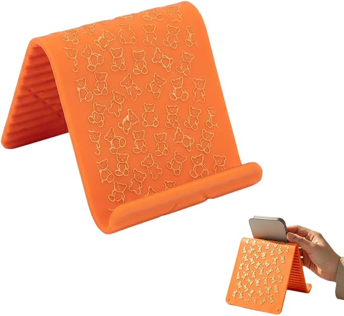 Silicone Phone Stand with Aluminum, Foldable Multi-Angle Adjustable Holder, Anti-Slip Desktop Stand for Phone Tablet Laptop, Portable Roll-Up Stand for Travel & Office (Orange#2)