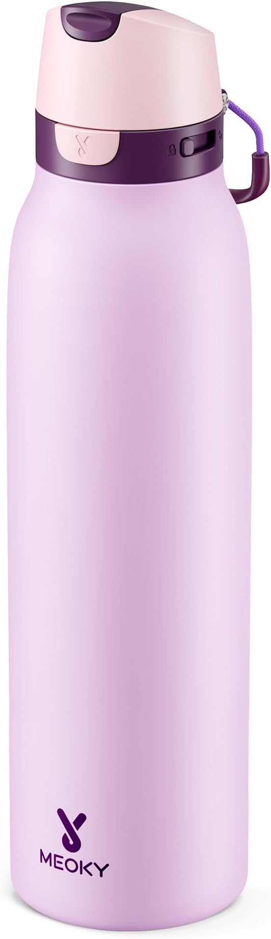 Meoky 24 oz Stainless Steel Slim Water Bottle: 2-in-1 Locking Lid, Lavender | Leak Proof, Straw and Spout, 24 Hours Cold, Top Handle, BPA Free, Insulated Water Bottle for Women Sports Travel Gym