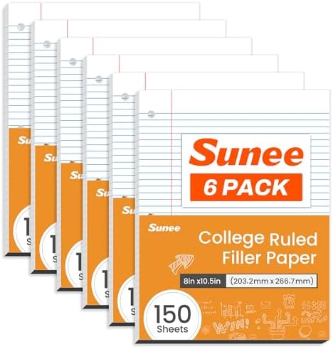 SUNEE Loose Leaf Paper, 900 Sheets, 6 Pack College Ruled Paper, 8 x 10-1/2 Inch Filler Paper, 3 Hole Punch Binder Paper, Loose Leaf Notebook Paper, 150 Sheets/Pack