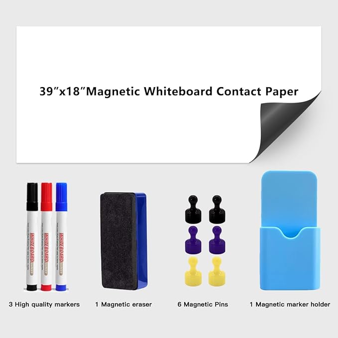 GMEHAR Magnetic Whiteboard Contact Paper, 39” x 18” Adhesive Dry Erase White Board for Wall,Peel and Stick Magnet Wallpaper for Home, Fridge, Kid’s Playroom, Office, Classroom